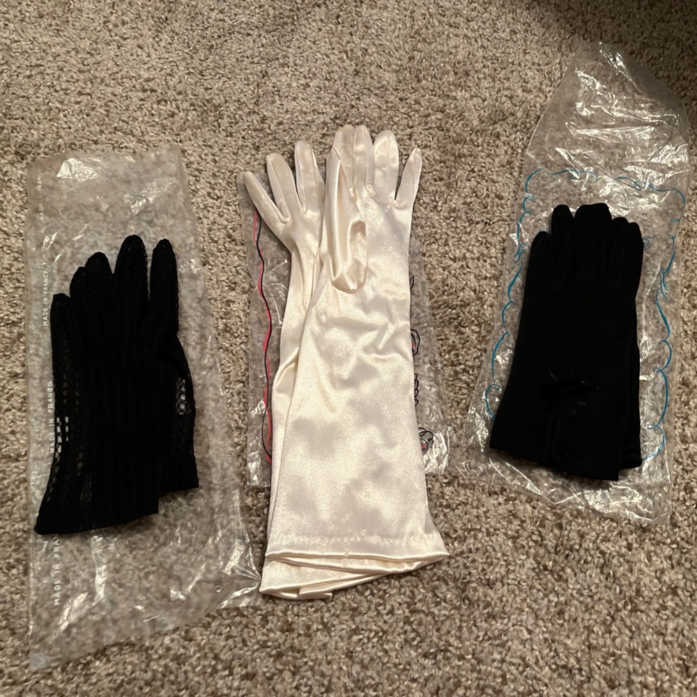 VINTAGE Gloves Black Lace, Satin, and Black with Velvet Accents